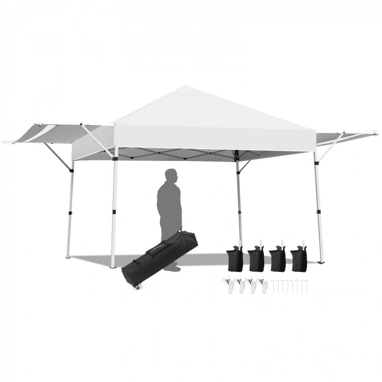 Foldable pop-up canopy with adjustable heights, white sun shelter, includes sandbags and wheeled carrying bag for.