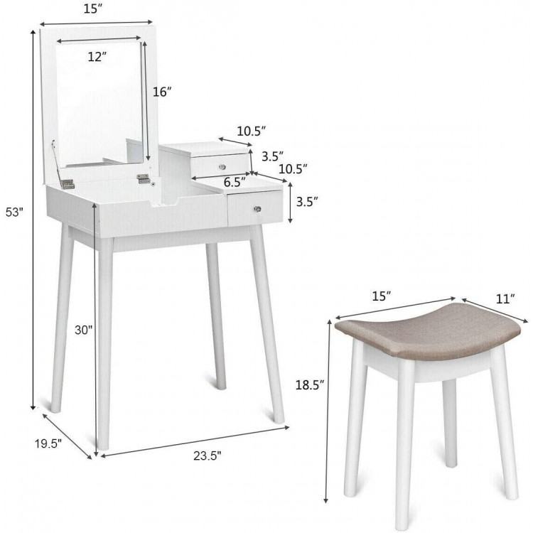 Vanity dressing table set with flip mirror, elegant white finish, includes stool and ample storage space for makeup.