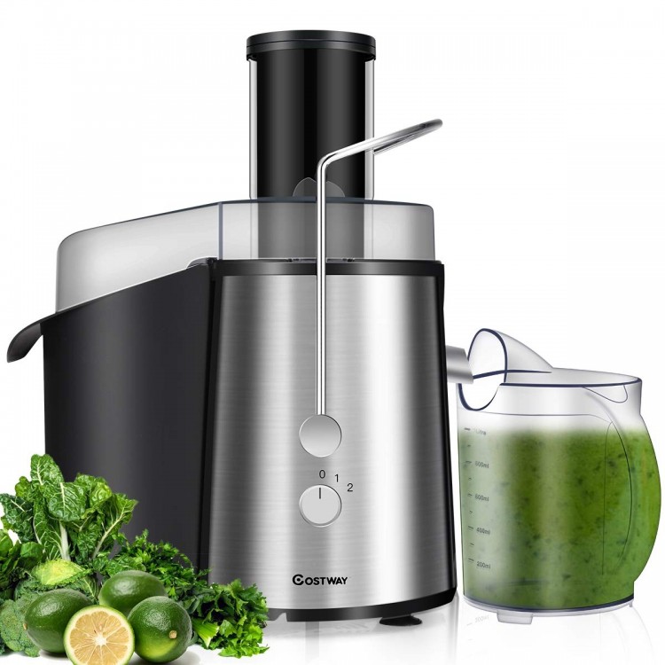 Electric juice press with stainless steel design, 75mm wide feeder chute, ideal for whole fruits and vegetables.