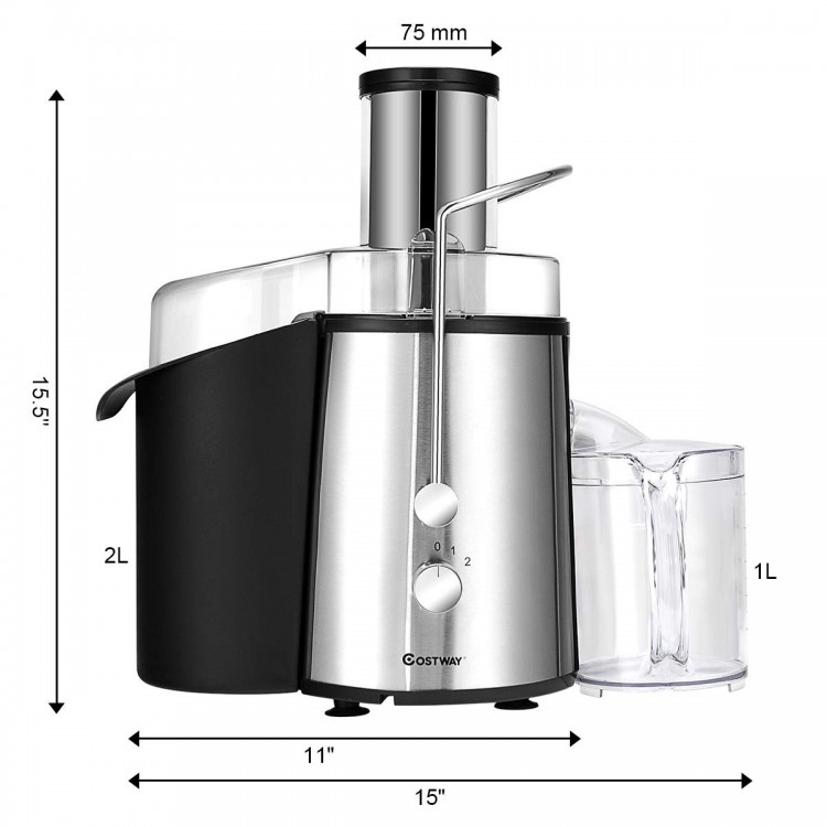 2 Speed Electric Juice Press with 75mm feeder chute, stainless steel design, for quick fruit and vegetable juicing.