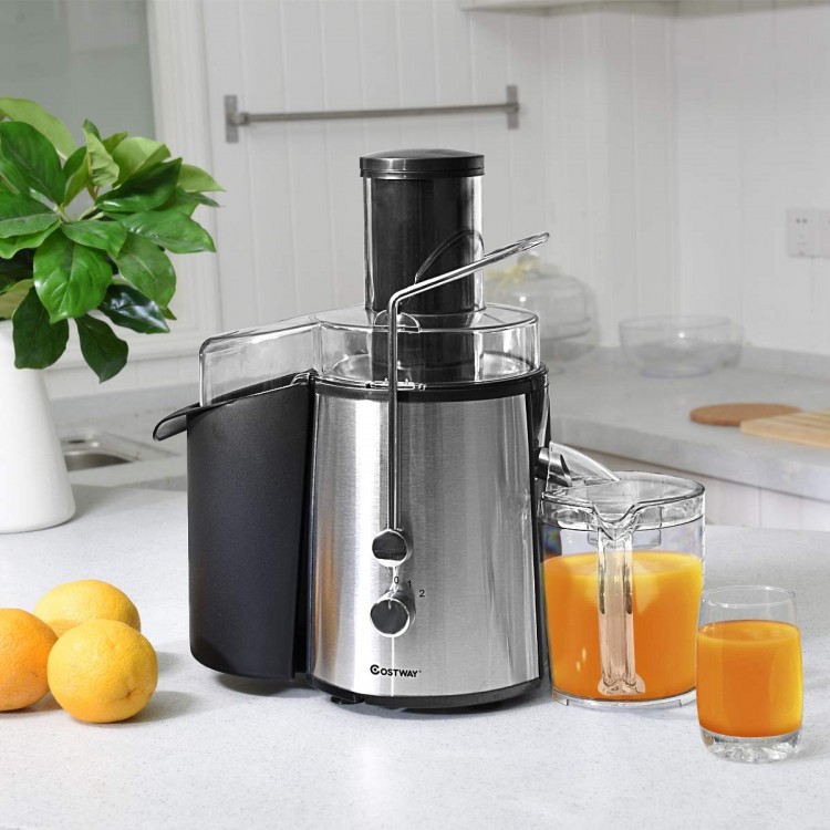Electric juice press with stainless steel design, 75mm wide feeder chute, perfect for whole fruits and vegetables.