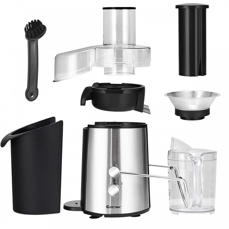 2 Speed Electric Juice Press components including feeder chute, juice container, and cleaning brush for easy assembly.