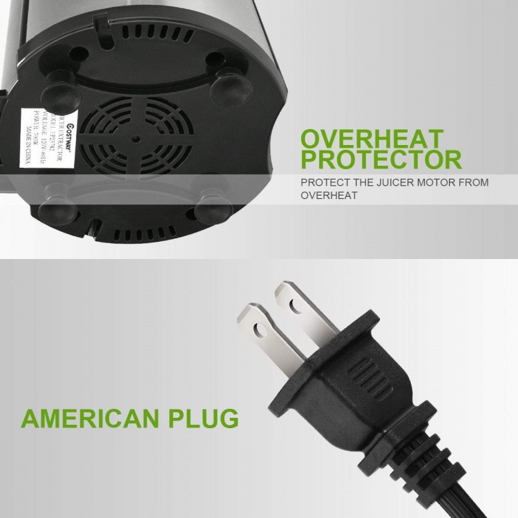 Close-up of the 2 Speed Electric Juice Press showing the American plug and overheat protector for safe operation.