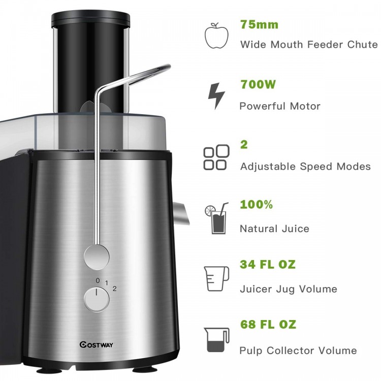 Electric juice press with 75mm wide mouth feeder chute, 700W motor, and two speed modes for easy fruit and vegetable.