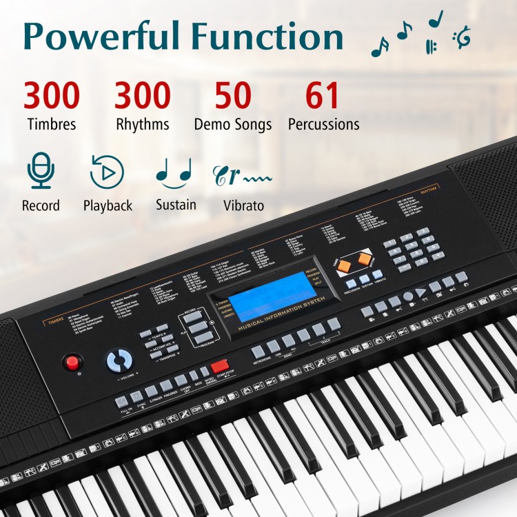 61-key electronic keyboard piano with LCD display, 300 timbres, and included stand, bench, headphones for beginners.