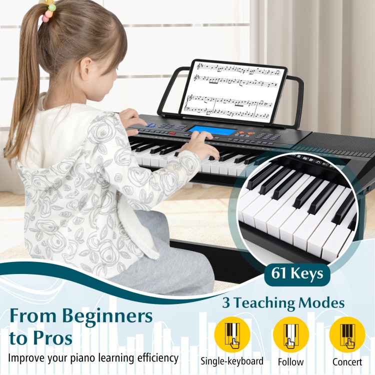 61-key electronic keyboard piano set with stand, bench, and headphones, featuring clear LCD display and 3 teaching.