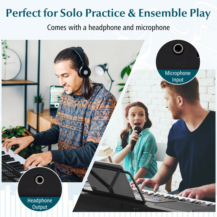 61-key electronic keyboard piano set with headphones, microphone, and bench, ideal for solo practice and ensemble play.