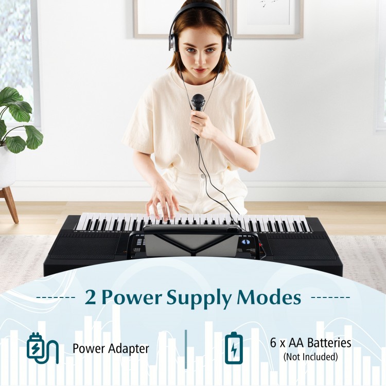 61-key electronic keyboard piano set with stand, bench, and headphones, featuring dual power supply modes for beginners.