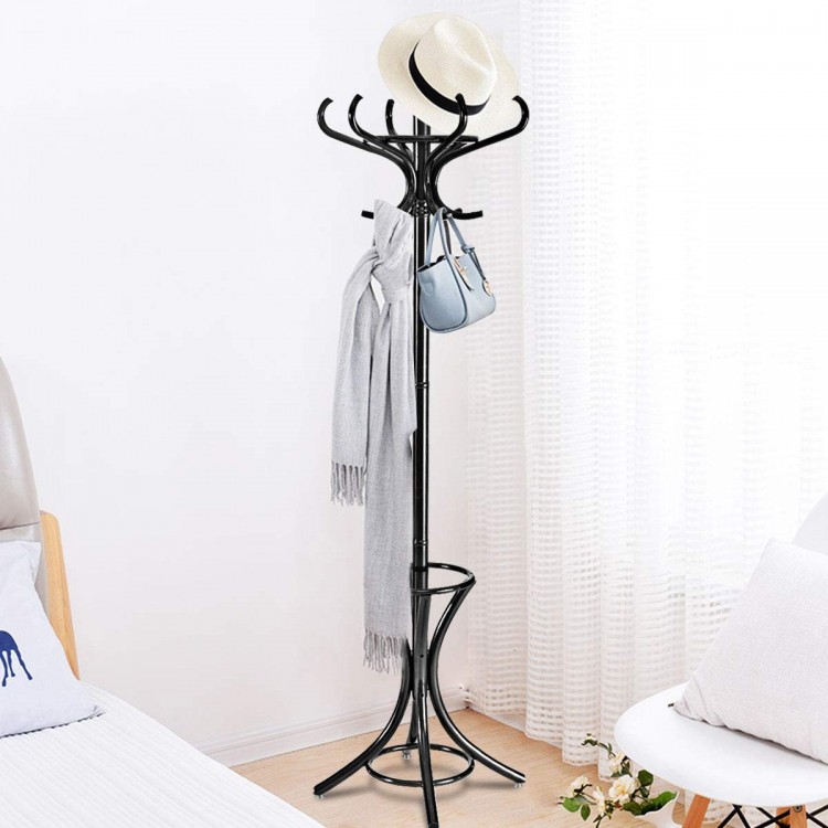 Black wood standing hat coat rack with umbrella stand, featuring a rotating top tier and 12 hooks for versatile storage.