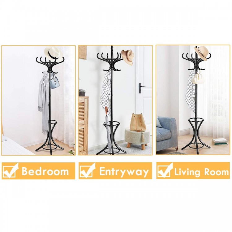 Wood standing hat coat rack in black with umbrella stand, featuring 12 hooks, ideal for bedroom, entryway, or living.