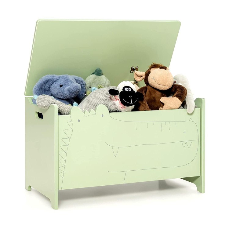 Green wooden kids toy box in crocodile shape, featuring safety hinge and handles, perfect for children's room storage.