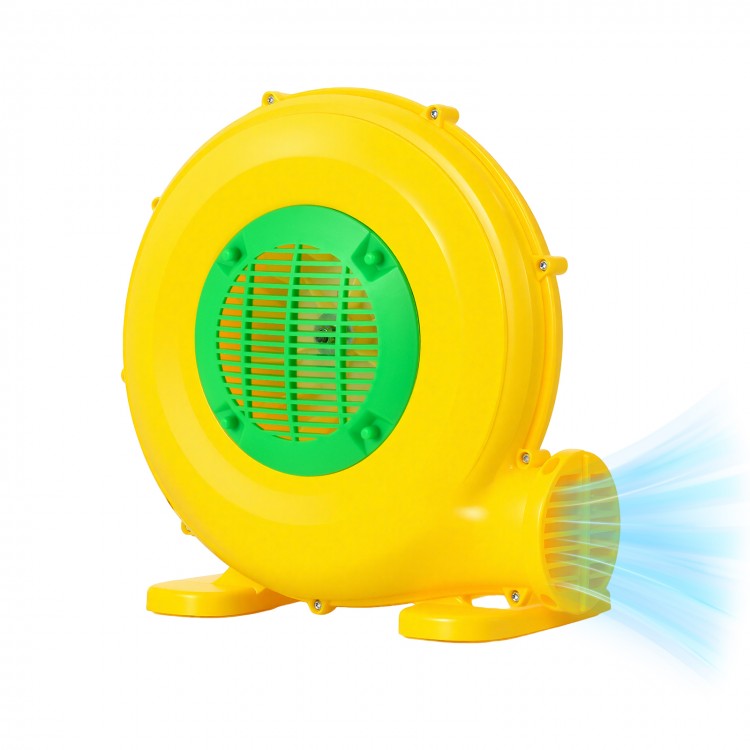 Yellow 610W bounce house blower with handle, featuring a safety grille and designed for quick inflation of inflatables.
