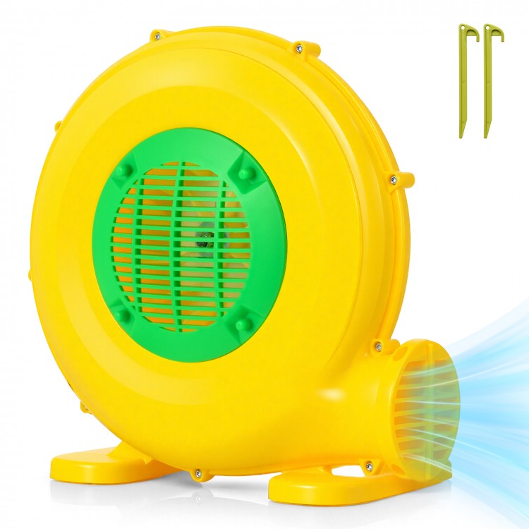 Yellow 610W bounce house blower with handle, designed for quick inflation and secure operation with ground stakes.