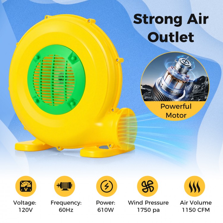 Bright yellow 610W bounce house blower with handle, featuring strong air outlet and safety switch for quick inflation.