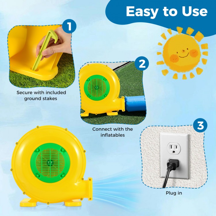 610W bounce house blower in yellow with handle, showcasing easy setup steps for quick inflation of inflatables.