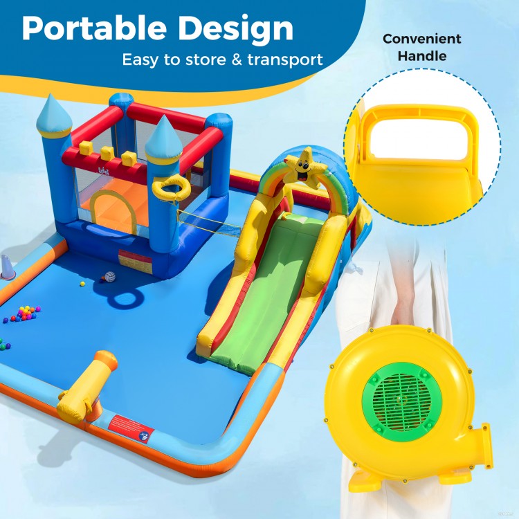 610W bounce house blower with handle, showcasing portable design and safety features for easy setup and transport.
