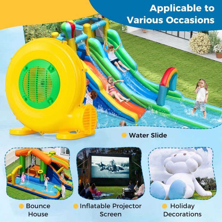 610W bounce house blower in yellow with handle, designed for quick inflation of inflatables and versatile outdoor use.