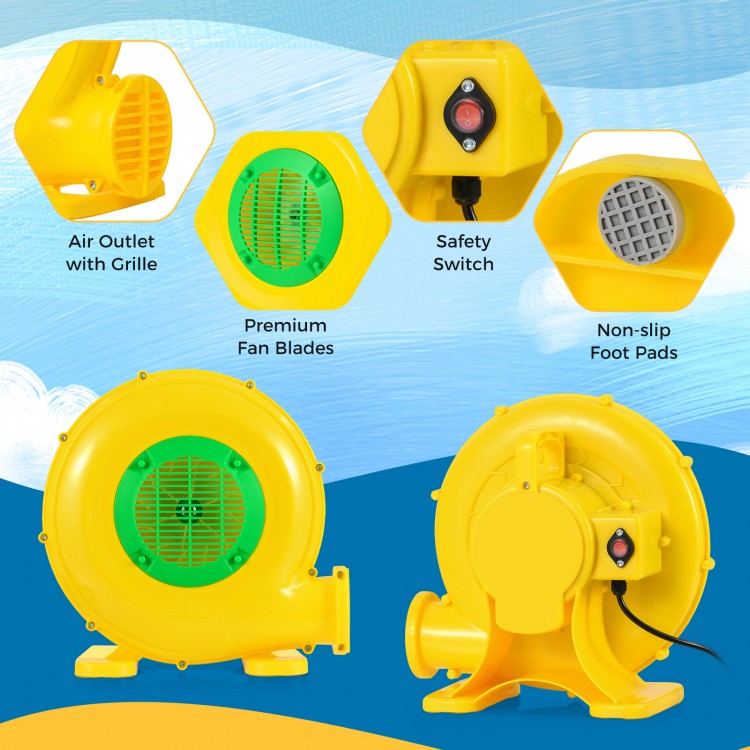 610W bounce house blower with safety switch, air outlet grille, and non-slip foot pads for secure operation.