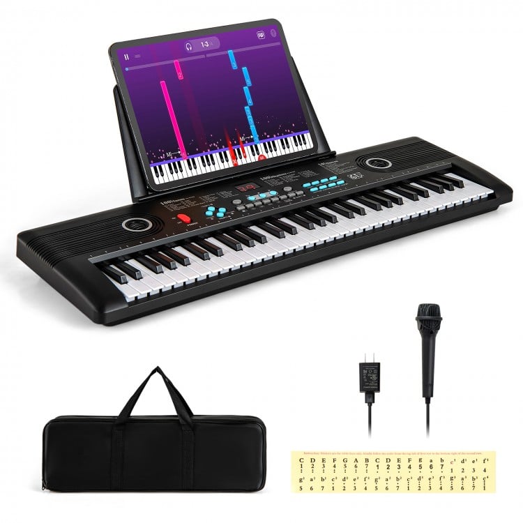 61-key portable digital keyboard piano in black with microphone, carry bag, and music stand, ideal for beginners.