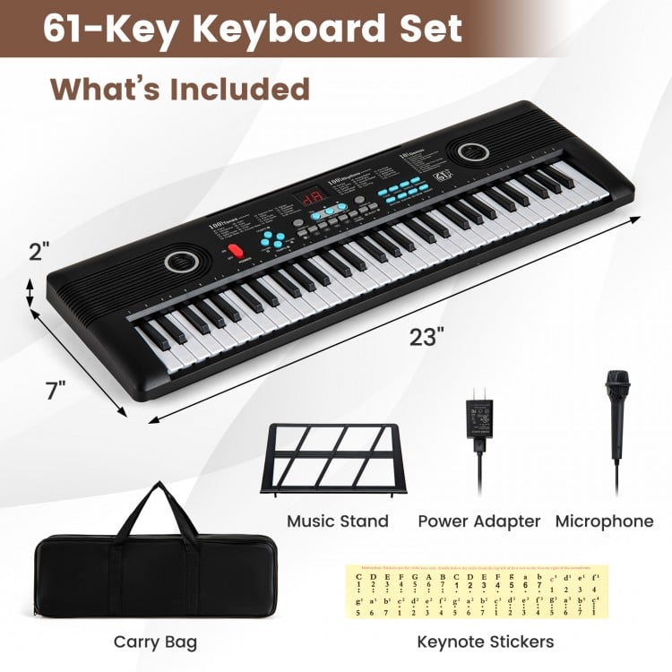61-key electric portable digital keyboard piano in black, includes carry bag, music stand, and microphone for beginners.
