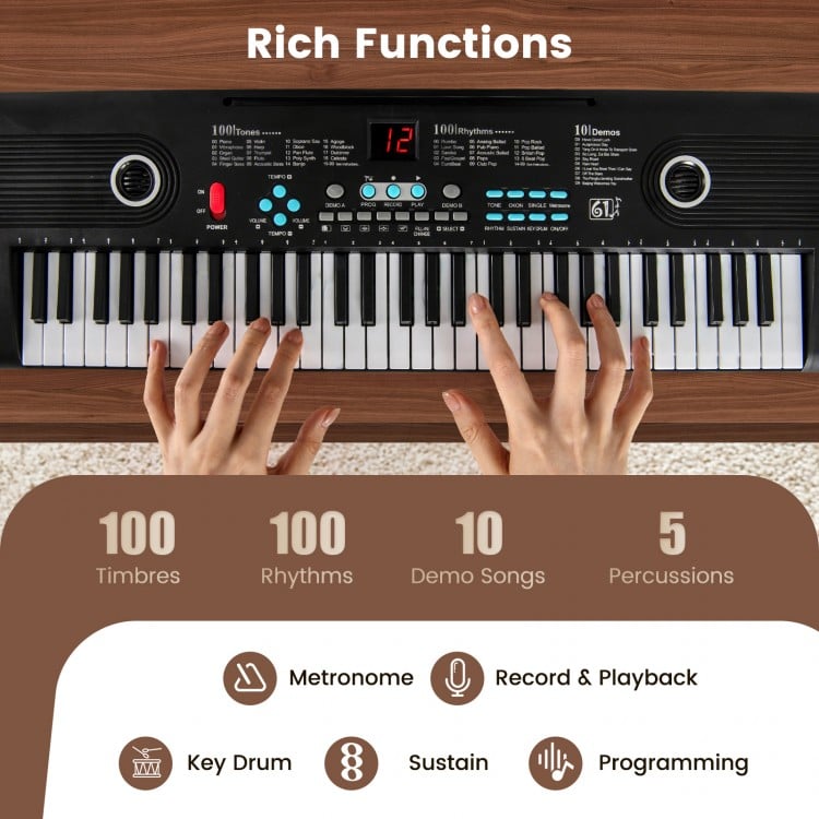 61-key electric portable digital keyboard in black, featuring 100 timbres and rhythms, ideal for beginners and music.
