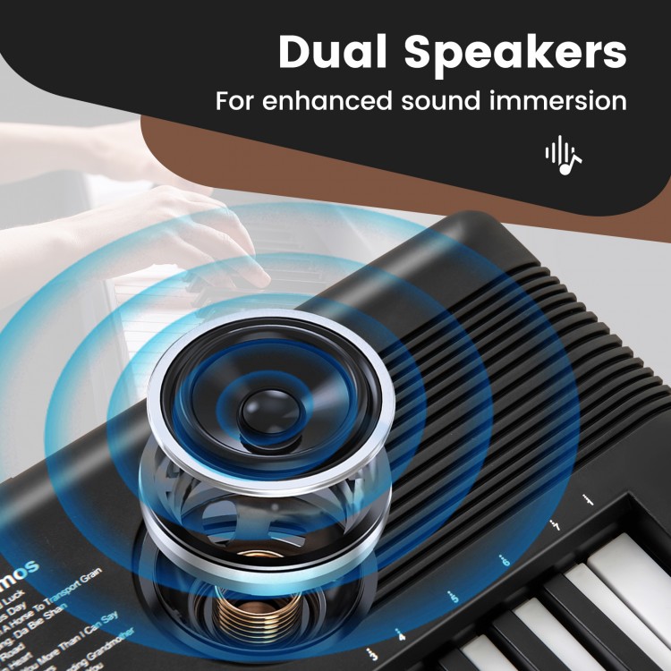 Close-up of dual speakers on a 61-key electric portable digital keyboard piano for enhanced sound immersion.