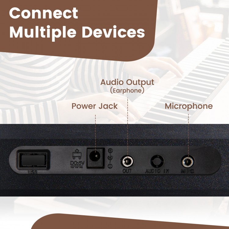 Back view of the 61 key electric portable digital keyboard showing power jack, microphone input, and audio output.