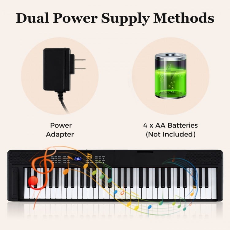 61-key foldable piano keyboard with dual power supply options: power adapter or 4 AA batteries for versatile use.