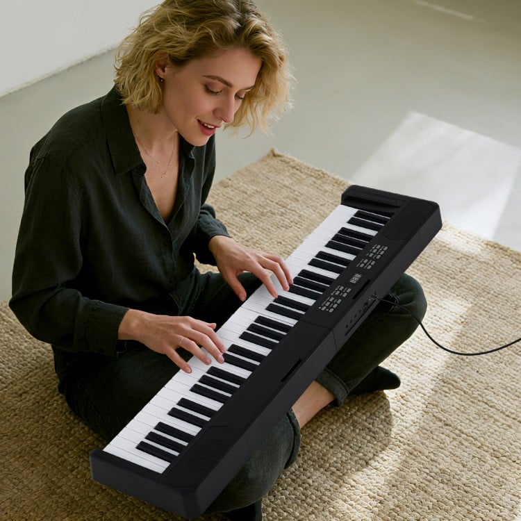 61-key foldable electronic piano keyboard in black, featuring sensitive keys and MIDI function for versatile music.