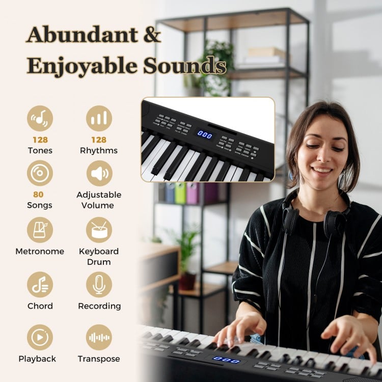 61-key foldable electronic piano keyboard in black, featuring 128 tones and rhythms for versatile music creation.