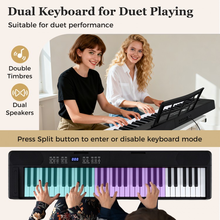 Dual keyboard electronic piano with 61 keys, suitable for duet playing, featuring MIDI function and foldable design.