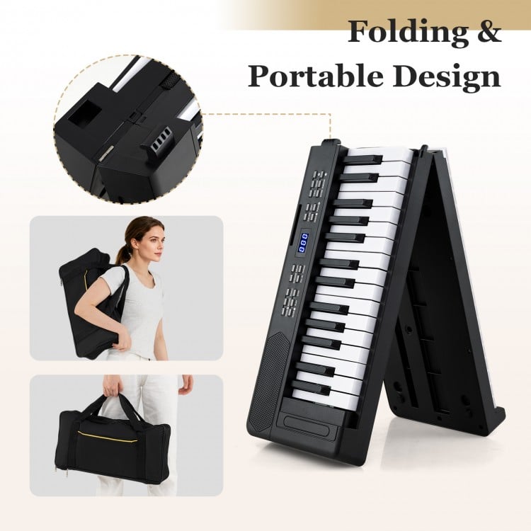 61-key foldable piano keyboard in black, featuring a portable design and MIDI function for easy music creation.