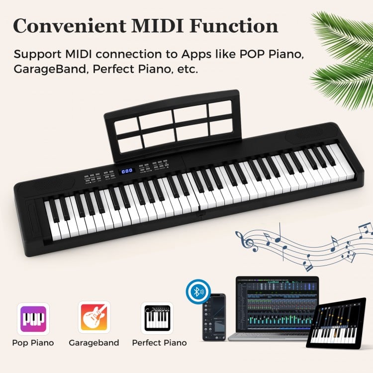 61-key foldable electronic keyboard in black with MIDI function, ideal for music learning and portable use.