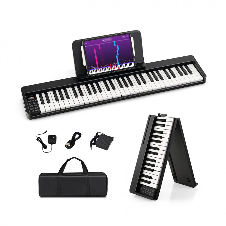 61-key folding piano keyboard in black with music stand, portable design, and dual wireless connections for easy play.