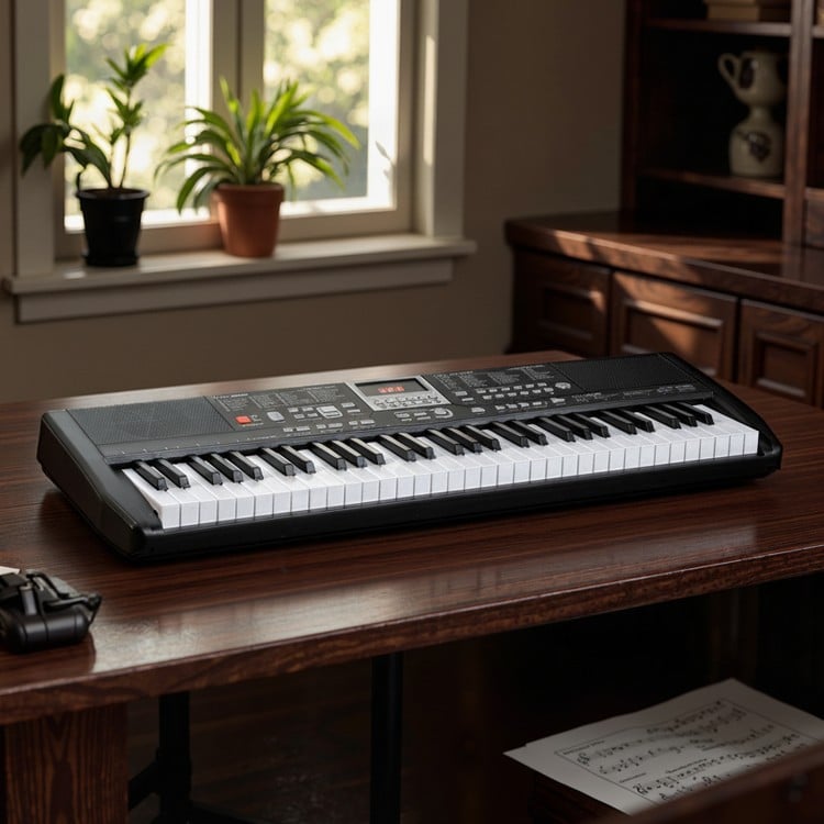 61-key electric keyboard with adjustable stand and stool, featuring faux wood grain keys for beginners' music practice.