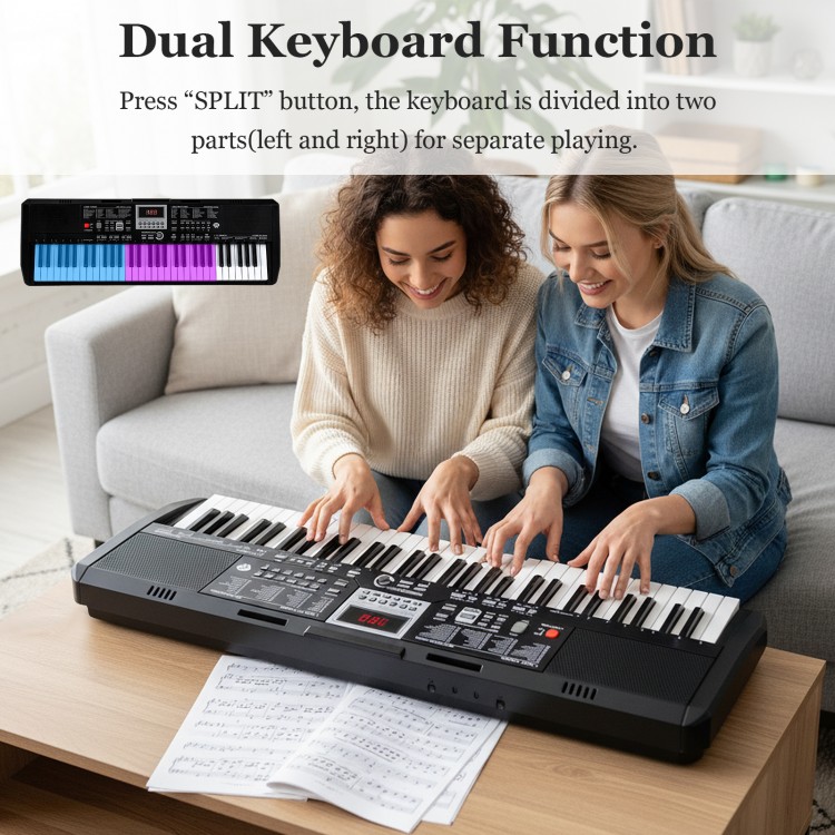 61-key electric keyboard with dual keyboard function, adjustable stand, and stool, perfect for beginners' music.