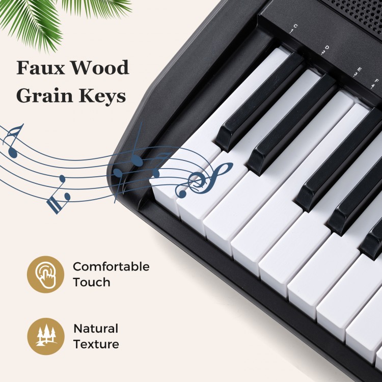 Faux wood grain keys on a black electric keyboard, featuring comfortable touch and natural texture for beginners.