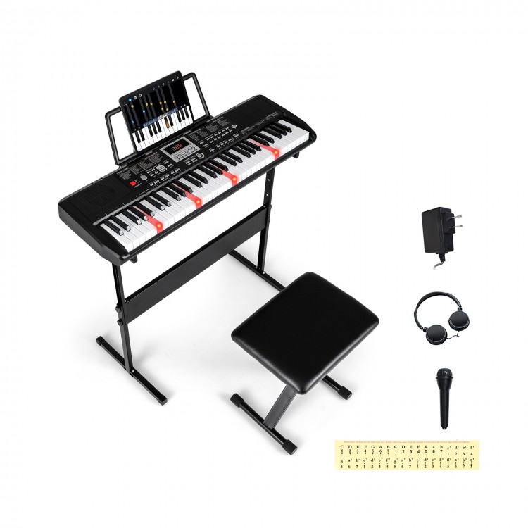 61-key electric keyboard kit with adjustable stand, stool, headphones, and microphone for beginner musicians.