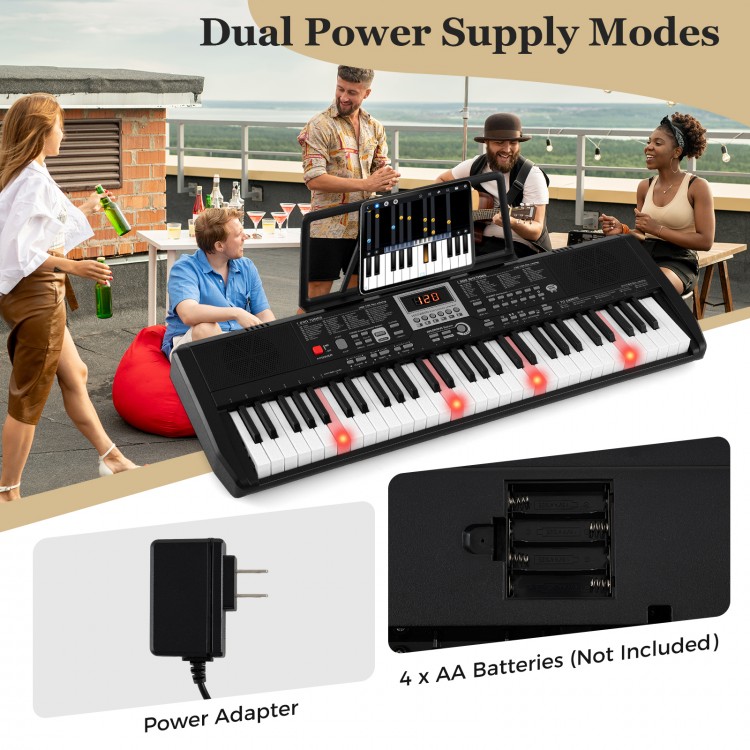 61-key portable electric piano keyboard in black with dual power supply modes, ideal for beginners and music learning.