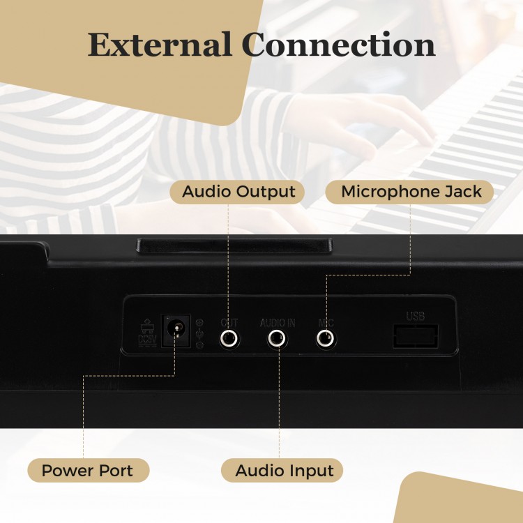 External connection panel of the 61 keys portable keyboard, featuring power port, audio input, output, and microphone.