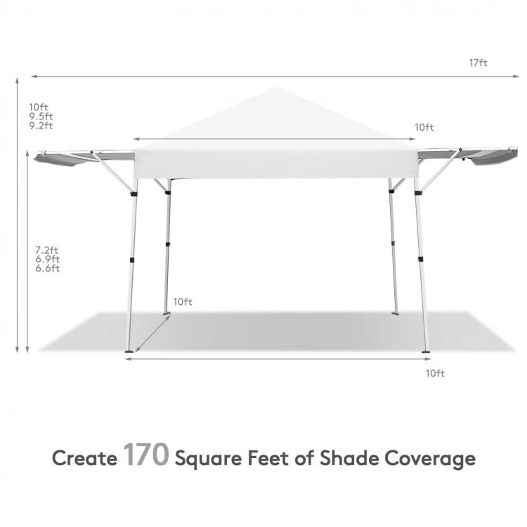 Foldable 17x10 feet pop up canopy in white, providing 170 square feet of shade with adjustable heights for outdoor.