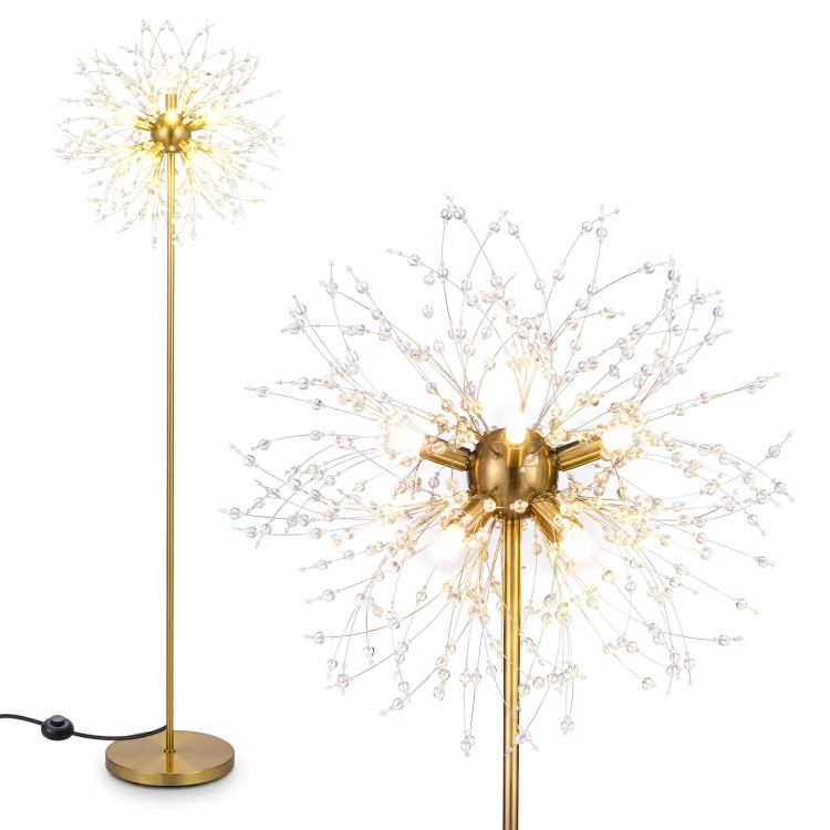 63-inch gold floor lamp featuring a dandelion design with acrylic crystals, ideal for living rooms and bedrooms.