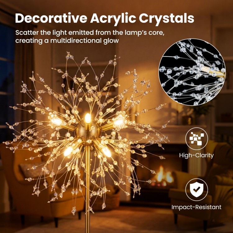 63-inch gold crystal floor lamp featuring dandelion design and high-clarity acrylic crystals, ideal for living rooms.