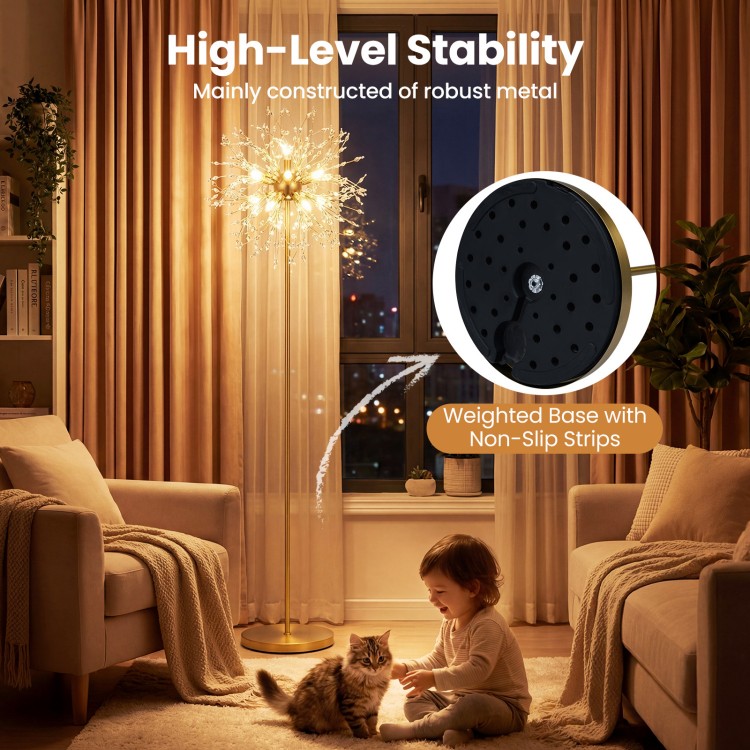 63-inch crystal floor lamp with a dandelion design, gold finish, and a weighted base for stability in living spaces.