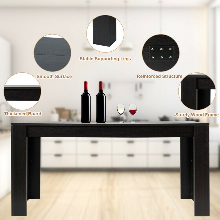 Rectangular black dining table for 6, featuring a smooth surface and sturdy wood frame, ideal for kitchens or dining.