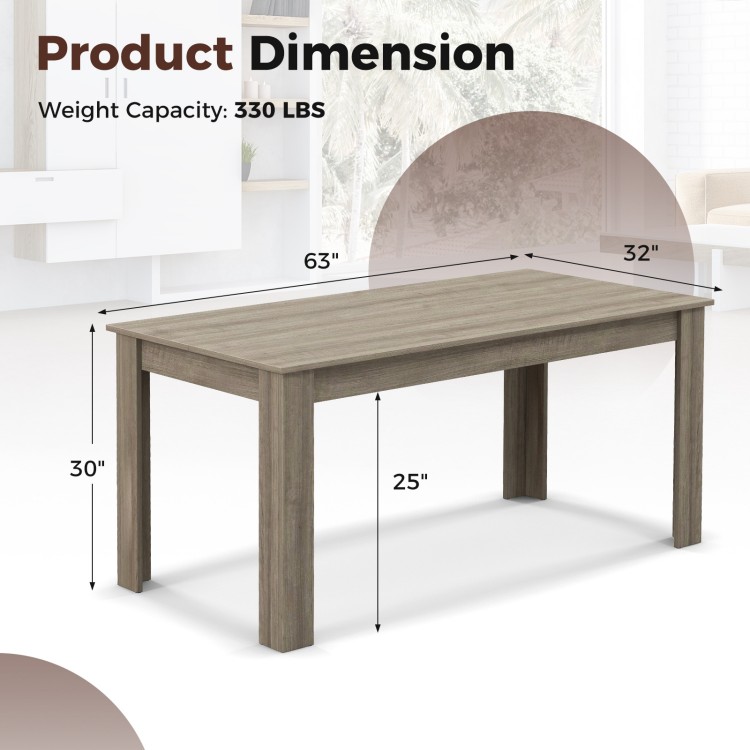 Light gray 63-inch rectangular dining table with spacious surface and four sturdy legs, ideal for kitchens and dining.