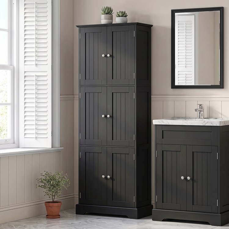 Tall black bathroom storage cabinet with six doors and adjustable shelves, ideal for organizing various spaces.