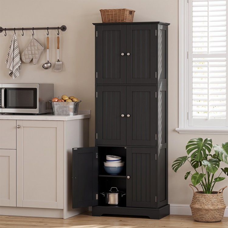 Tall black bathroom storage cabinet featuring 6 doors and adjustable shelves, ideal for organizing various spaces.