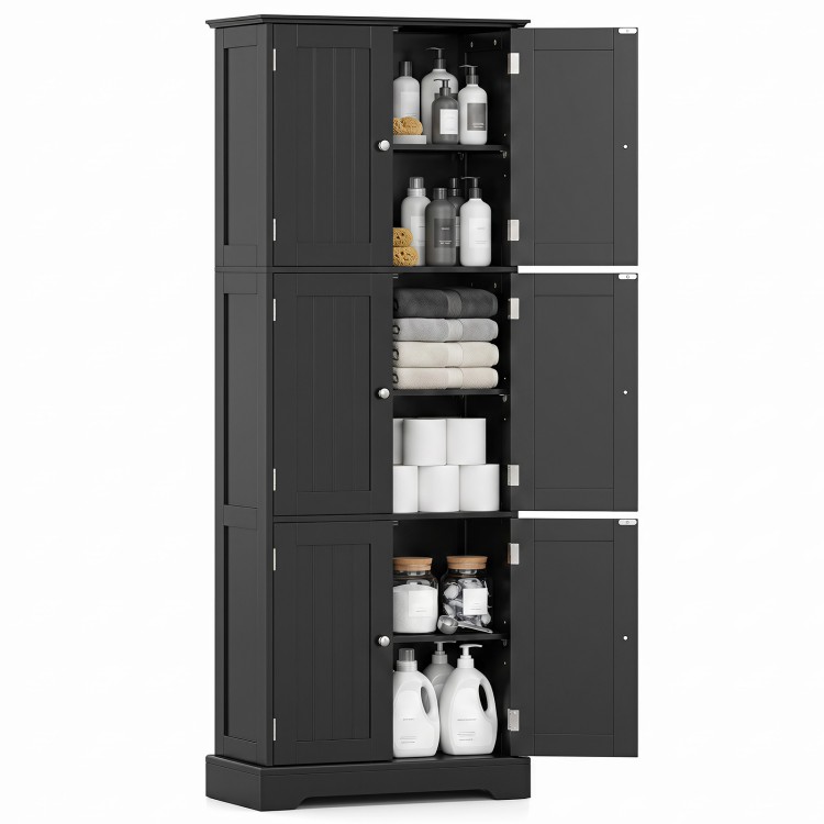 Tall black bathroom storage cabinet featuring six doors and adjustable shelves for versatile organization and easy access.