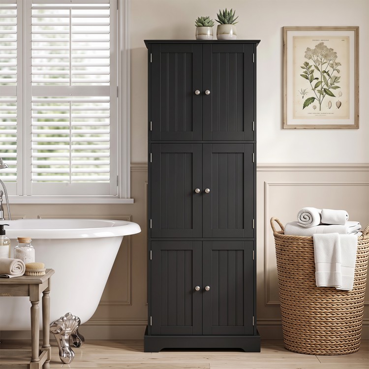 Tall black bathroom storage cabinet with six doors and adjustable shelves, ideal for organizing various items.